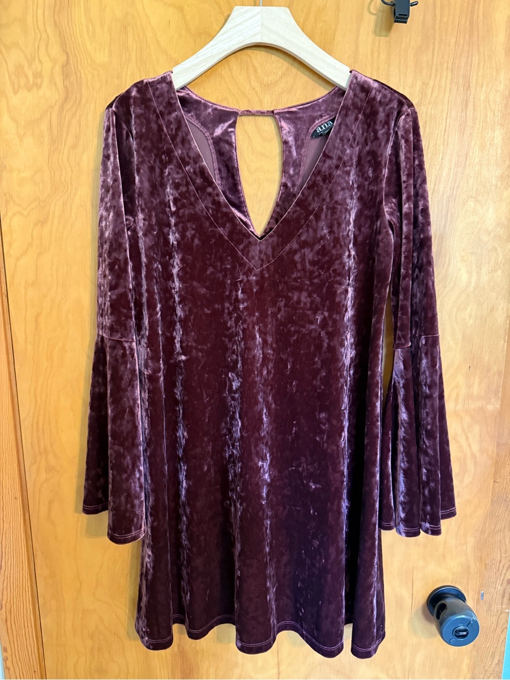 Ana A New Approach Velvet Bell Sleeve Boho Hippie 70's Style Wine Dress Size S
